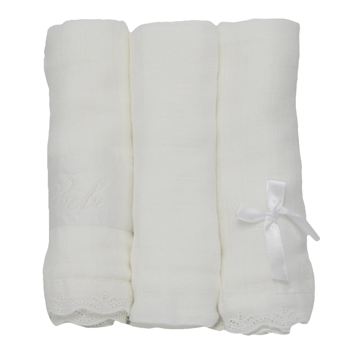 Pekitas - Pack of 3 muslin cloths - 100% cotton muslin squares | Baby muslin squares 75 cm x 75 cm White