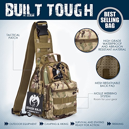 Dragon Ninja Sling Bag for Men and Women Best Tactical Backpack Military Sport Daypack for EDC Camping Hiking and Travel with FREE Velcro Patch (Light Camouflage)