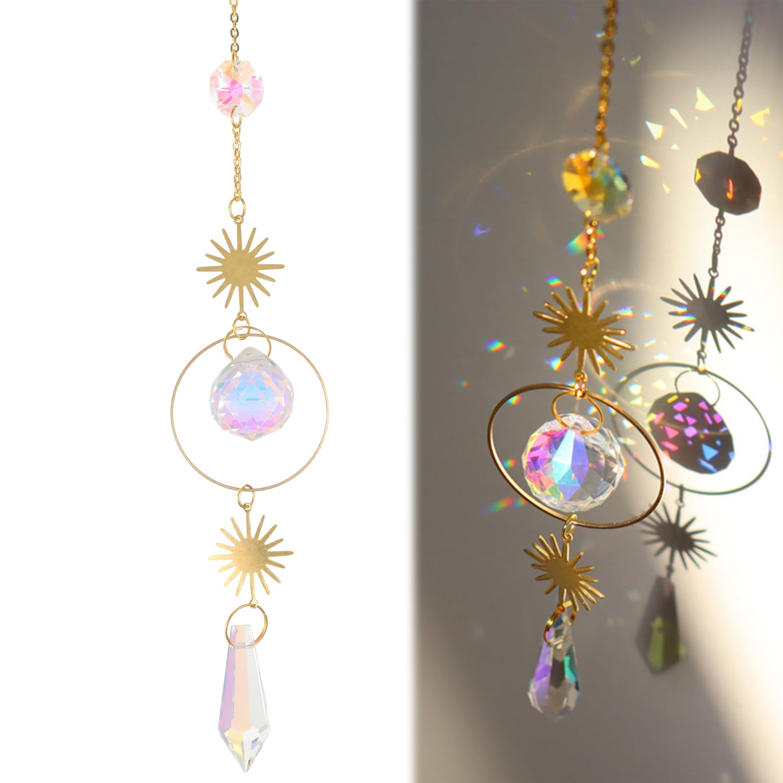 Sun Catchers Crystal Rainbow Suncatcher Glass Wind Chimes Champagne Gold Window Crystals Garden Hanging Ornaments Glass Ornaments for Windows Garden Car Decoration Gift Car Wind Chime Sun Catcher