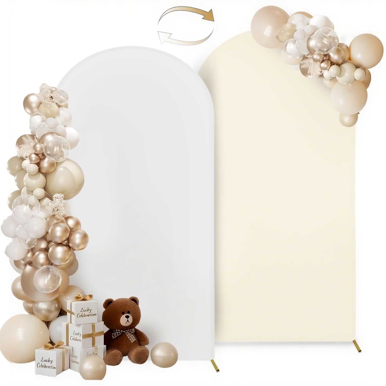 Photo 1 of **BOTH COVERS ARE WHITE**Hemmotop 7.2 ft Arch Backdrop Cover, White and Light Beige Spandex Arch Stand Covers, Double Color Fabric Stretchy Background for Balloon Arches, Wedding, Birthday Party, Baby Shower (WHITE)