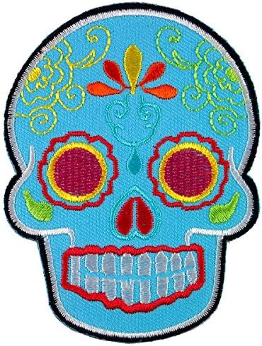 Flower Eye on Blue Novelty Candy Skull Embroidered Iron on Patch