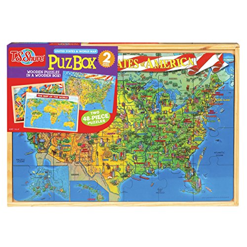 T.S. Shure U.S. & World Map Puzzles in a Wooden Box (2 Puzzles)