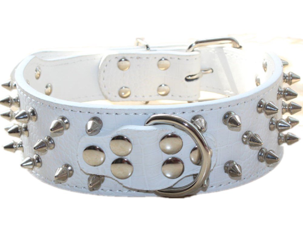 haoyueer Spiked Leather Dog Collar Bullet Rivets Studded 2 Inch Width Stylish Leather Dog Collars for Medium & Large Dogs Pitbull … (S, White)