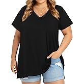 JOELLYUS Plus Size Tops for Women Summer Top Loose Fit Tee Shirts V Neck Short Sleeve Blouse