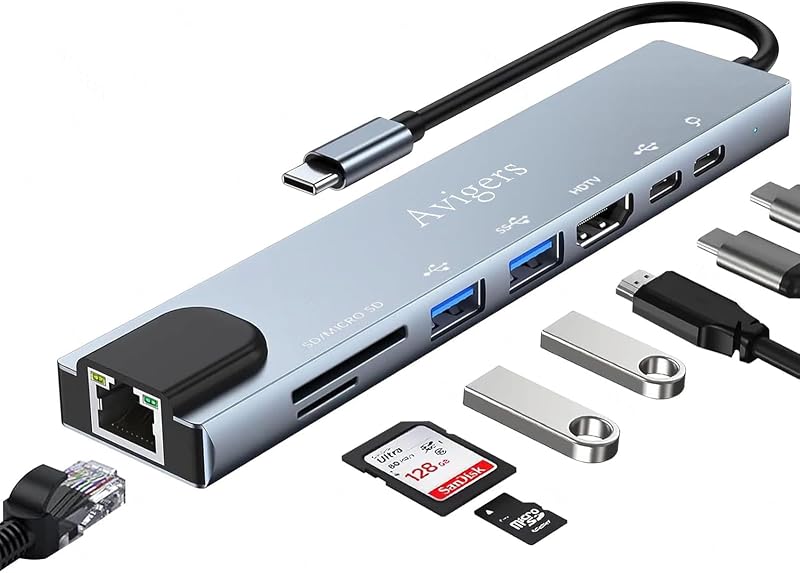 Avigers USB C Hub Ethernet Adapter 8 in 1 100W PD 4K SD/TF USB-C port