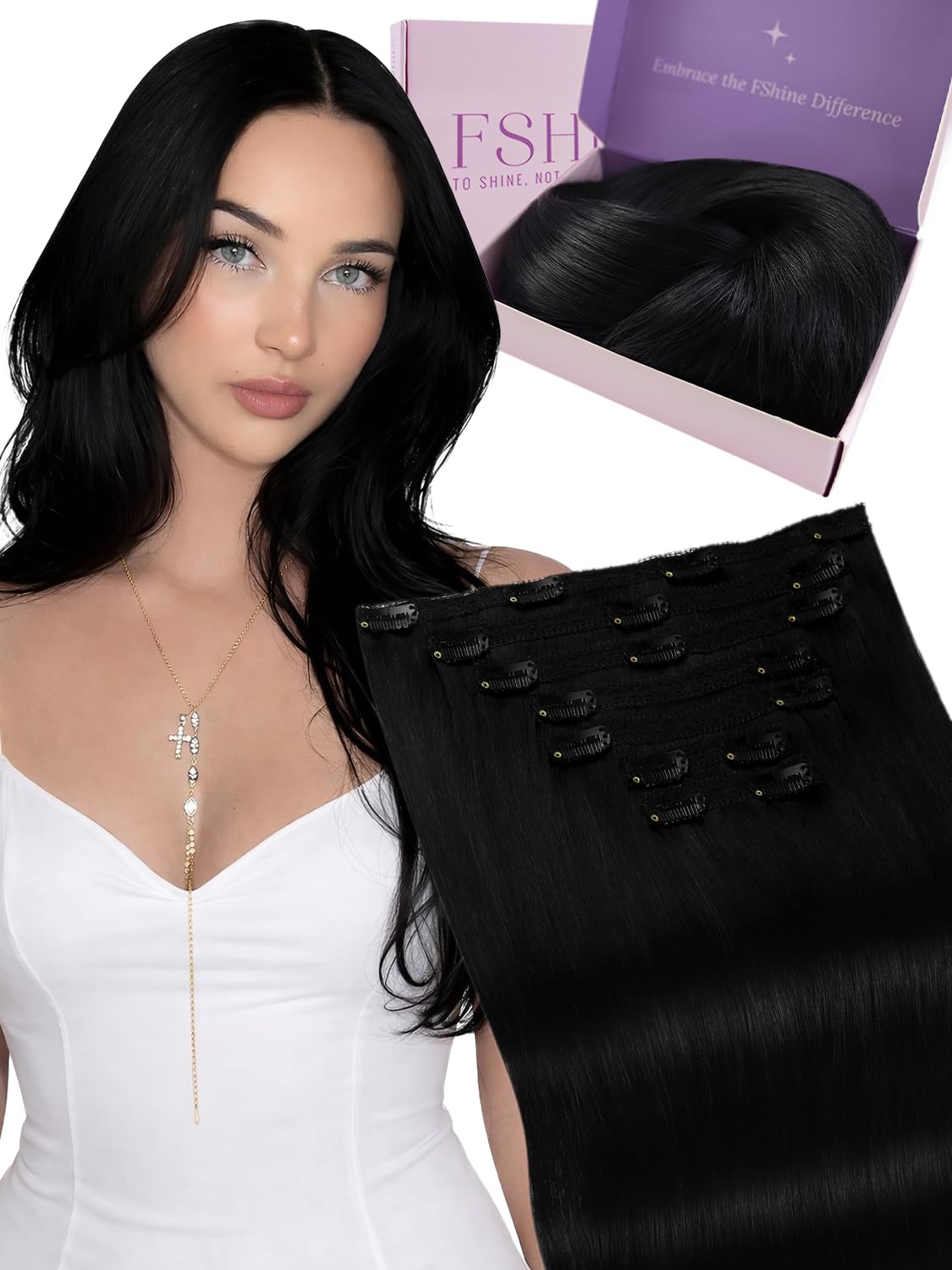 Fshine Double Weft Clip in Hair Extension Real Hair,Black Hair Extensions Clip in 14 inch,Color 1 Jet Black 7 Pcs 120 g,Designed to Boost Volume and Length,Easy to Apply,Quick to Instal