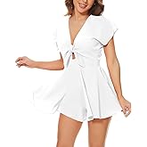 AGQT Women’s Sexy V Neck Self Tie Front Romper 2026 Summer Boho Short Jumpsuit Playsuit Outfit Mini Dress