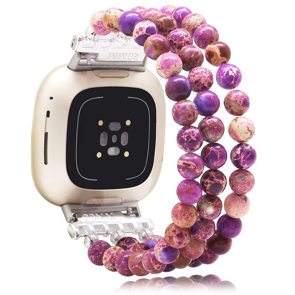 Photo 1 of C&L Accessories Bracelet Compatible with Fitbit Versa 3/Fitbit Versa 4/Fitbit Sense 2/Fitbit Sense Bands for Women, Beaded Adjustable Gemstone Replacement Wristband Straps (Natural Light)