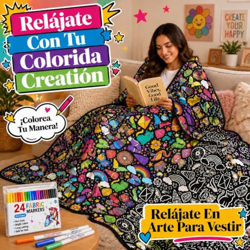 VEELU Adult Coloring Blanket 156×125cm with 24 Markers, Painting Blanket Washable Reusable, Anti-Stress Blanket for Kids and Family Activity, Birthday Gift