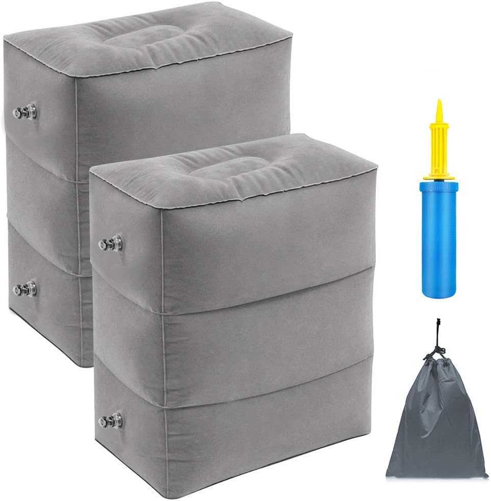 Inflatable Travel Foot Rest Pillow Portable Adjustable Height Foot Stool for Airplanes, Cars, Home, Trains, Office to Lay Down or Sleep on Long Flights with Pump(Blue) (Grey) (Grey(2 Pack))