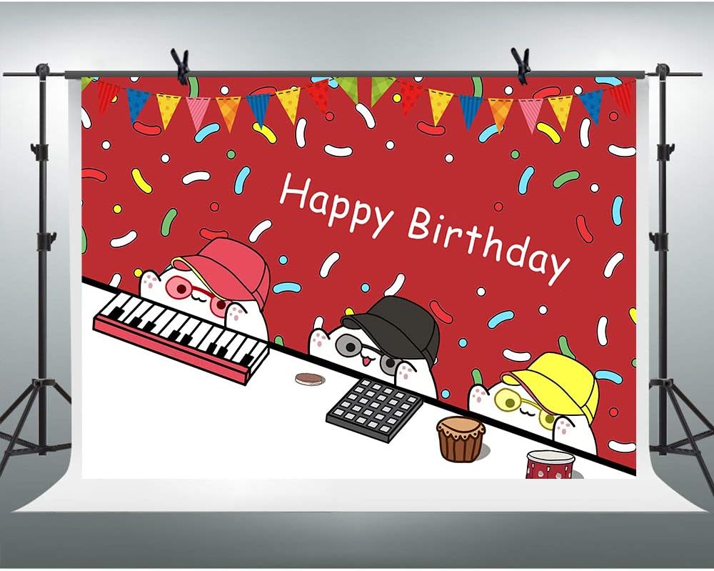 FHZON 7x5ft Birthday Party Banners Backdrop Colorful Flags On Red Background for Photography Funny Cartoon Animals Theme Party Wallpaper Photo Booth Props BJHXFH54 