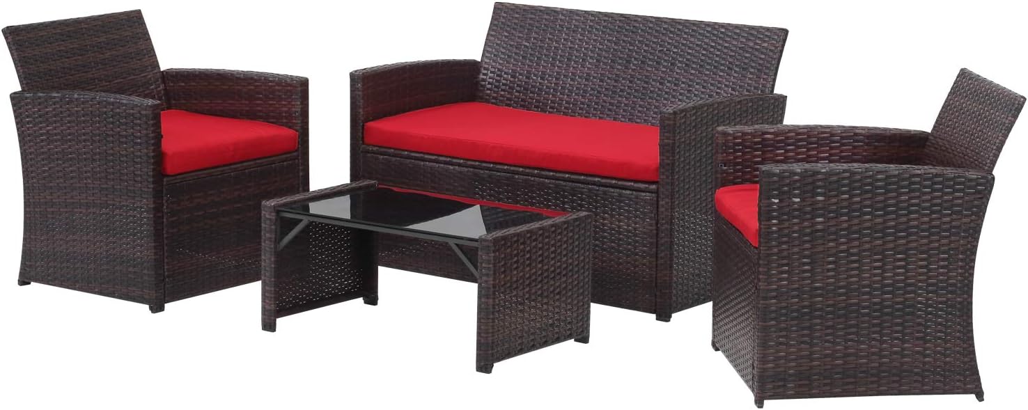 4 Pieces Outdoor Patio Furniture Set Brown Wicker Rattan Cousioned Sectional Conversation Sofa with Coffee Tea Table for Backyard Porch Garden Poolside Balcony Red