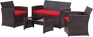 4 Pieces Outdoor Patio Furniture Set Brown Wicker Rattan Cousioned Sectional Conversation Sofa with Coffee Tea Table for Backyard Porch Garden Poolside Balcony Red