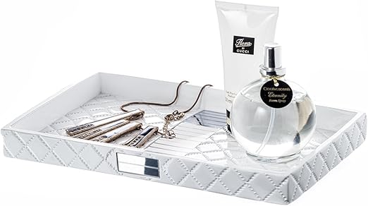 Amazon Com Quilted Mirror Vanity Tray Decorative Cosmetics Organizer Durable Resin Best Bathroom Trays For Arranging Perfume Jewelry Makeup Elegant Bathroom Accessories White Furniture Decor