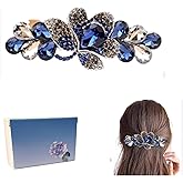 A crystal hairpin with box, Elegant Crystal Hair Barrette, Blue and Silver Rhinestone Flower Design, Large Metal Hair Clip for Women and girls.