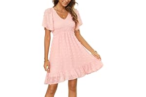 Annebouti Women's 2023 Summer Fall Smocked Dress Short/Long Sleeve Casual Swiss Dot or Floral Print V Neck Mini Dress