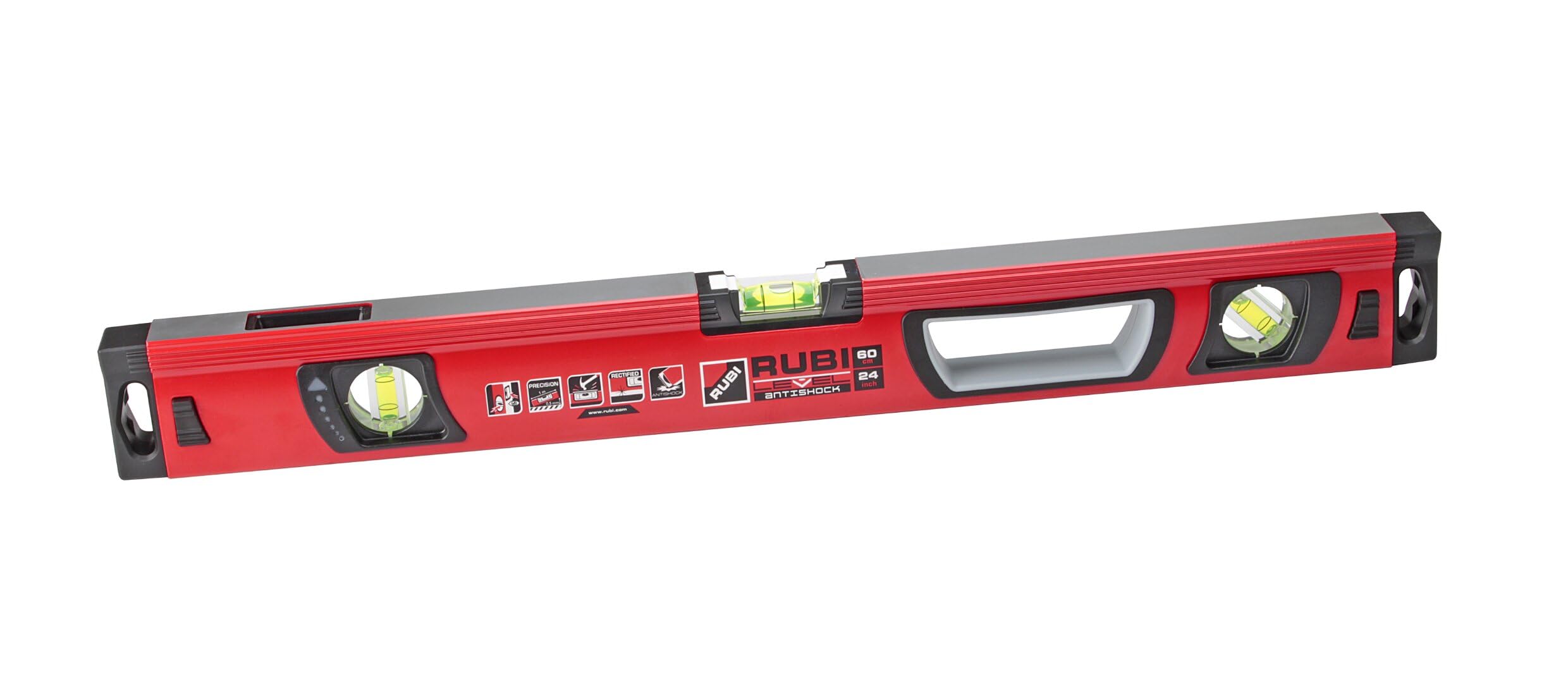 RUBI Level Antishock Professional Spirit Level 61 cm - High Precision Aluminium Spirit Level with Shockproof Levels - Heavy Duty Measuring Tool for Horizontal, Vertical and 45° Angles - Ergonomic