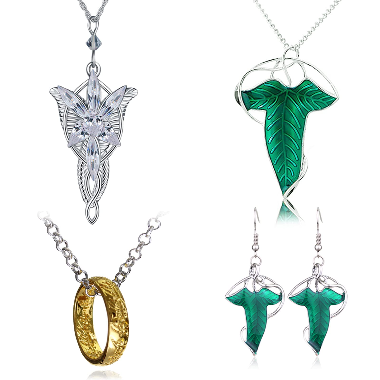 HJYZY 4pcs Vintage Green Leaf Elven Earrings Pin Brooch Pendant Chain Necklace Elven Leaf Arago Arvven star Pendant Necklace Gold Tone The Ring Pendant Necklace