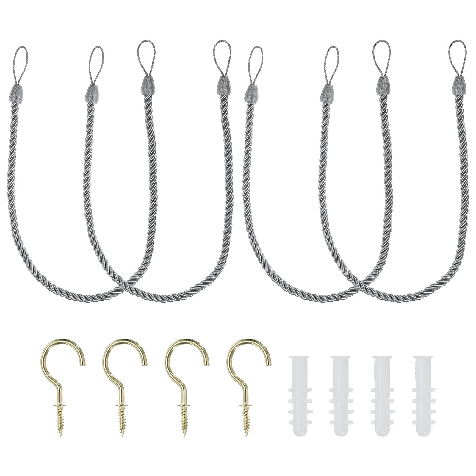 PATIKIL Curtain Tiebacks Ropes, 4 Pack Decorative Tie Backs Braided Curtain Holdback Cord for Home Office Decor, with Screw Hooks & Bolts, Silver Gray