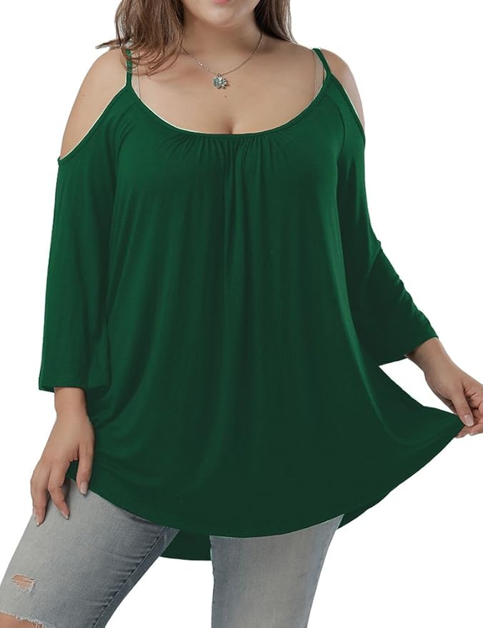 Allegrace Women's Plus Size Spaghetti Strap Top 3/4 Sleeve Cold Shoulder T Shirt Green 4X at 