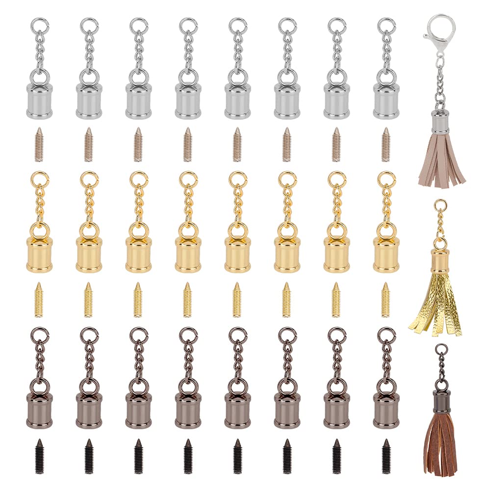 CHGCRAFT 24sets 3 Colors Tassel Bead with Screws and Curb Chains, Glue-in Fasteners for Necklace Cord, Tassel, Leather Jewelry Making, 13.5×25.5mm