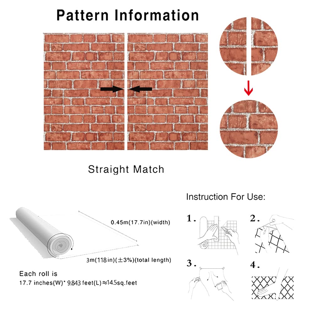 Cohoo Home Red Brick Wallpaper Peel And Stick Contact Paper 18inW ...