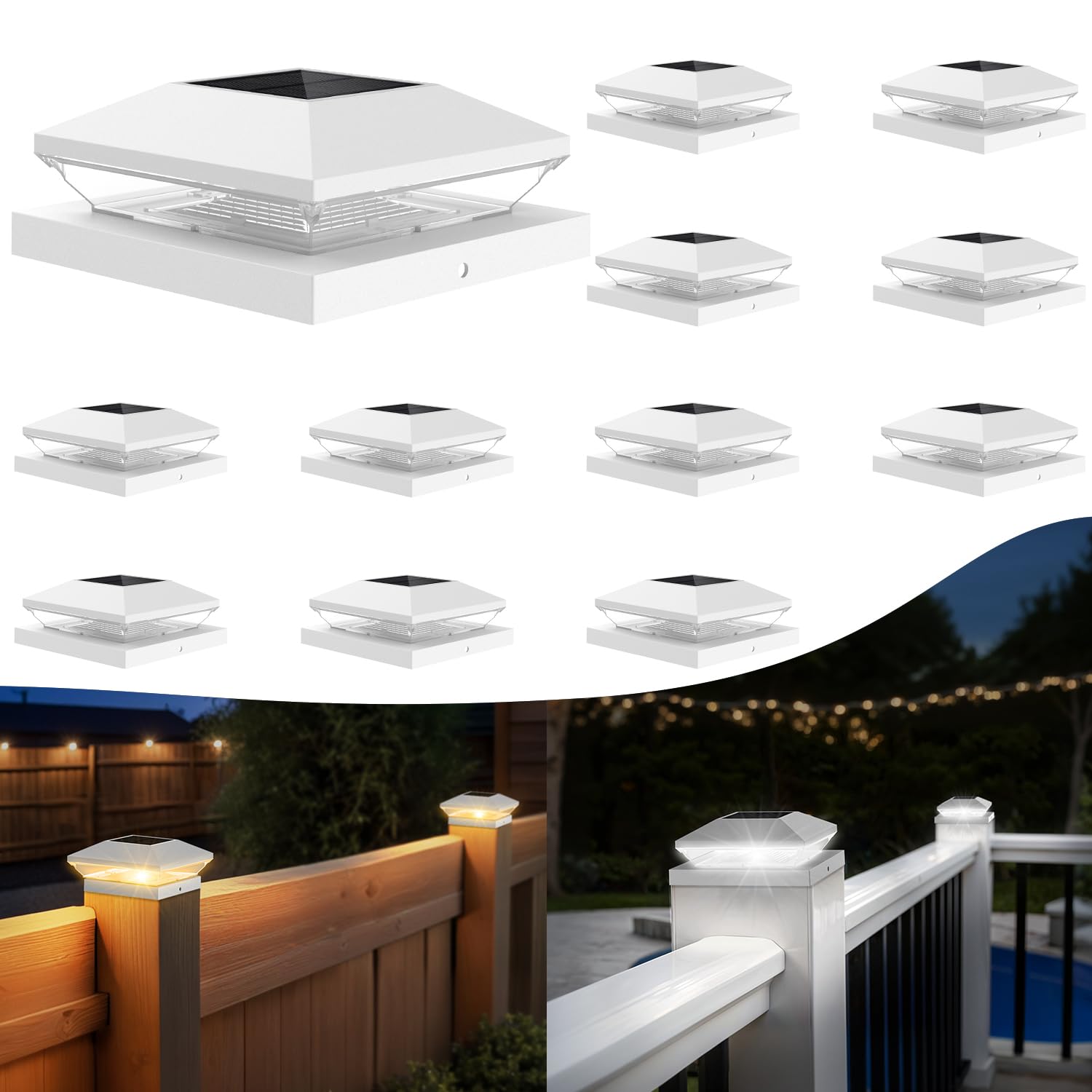 Photo 1 of T-SUN Solar Fence Post Cap Lights 12 Pack – Outdoor Waterproof Solar Powered Deck Post Lights for 3.5x3.5 4x4 5.5x5.5 6x6 Vinyl/Wooden Posts – Warm/Cool White Modes for Porch,Yard,Walkway,Gate