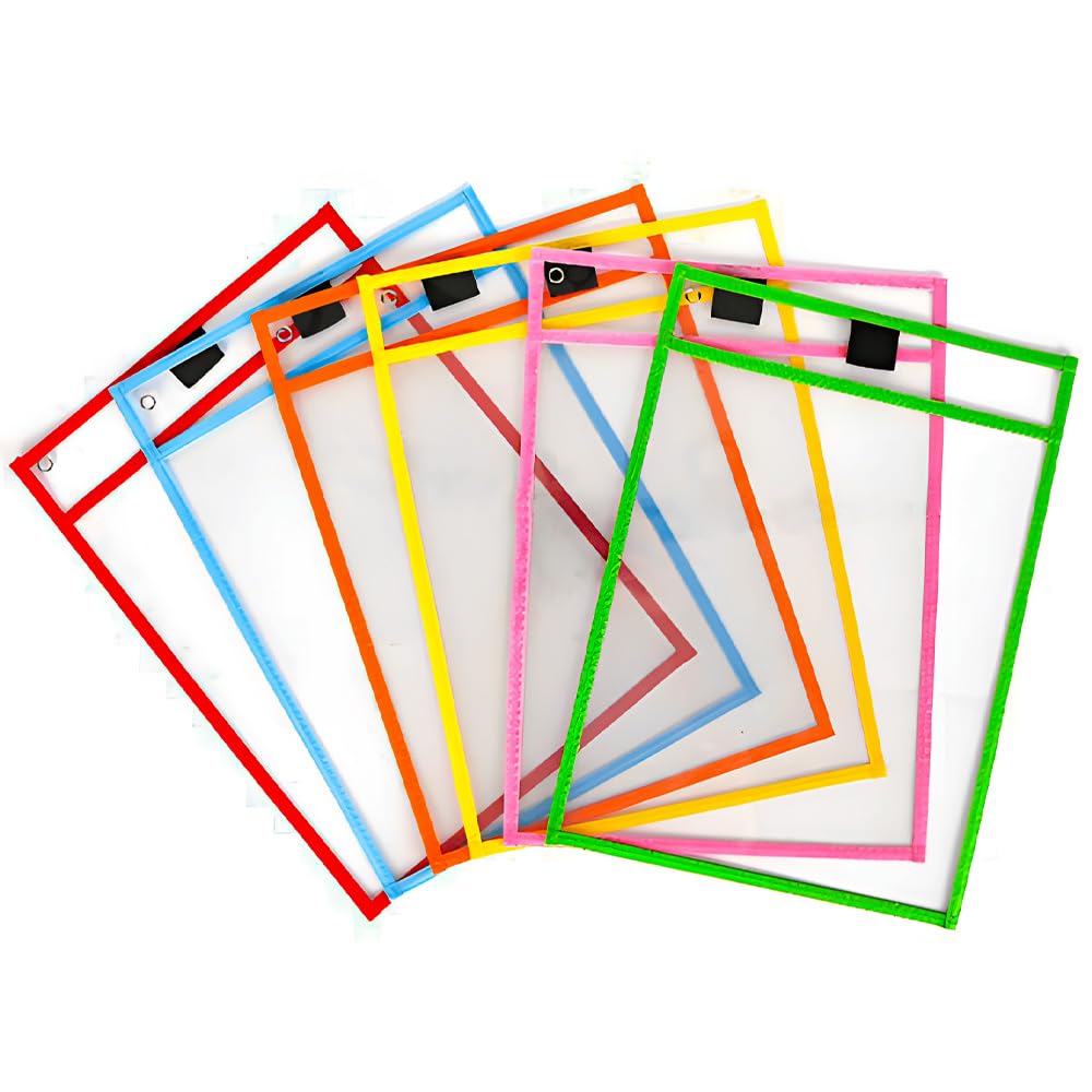 Rukinovi 6Pcs Dry Erase Pockets,Reusable Plastic Sleeves,Clear Wipeable Shop Ticket,Teacher Supplies for Classroom Organization Office Supplies,6Colors (A-Multicolor)