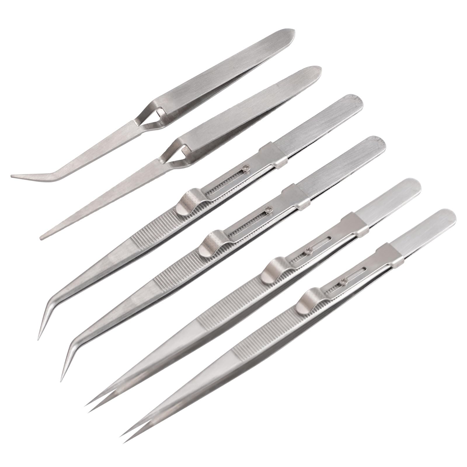 WANDIC 6 Pcs Stainless Steel Tweezers, Bent Cross Locking Tweezers Non-Slip Grip Tweezers for Electronics Laboratory Jewelry Craft