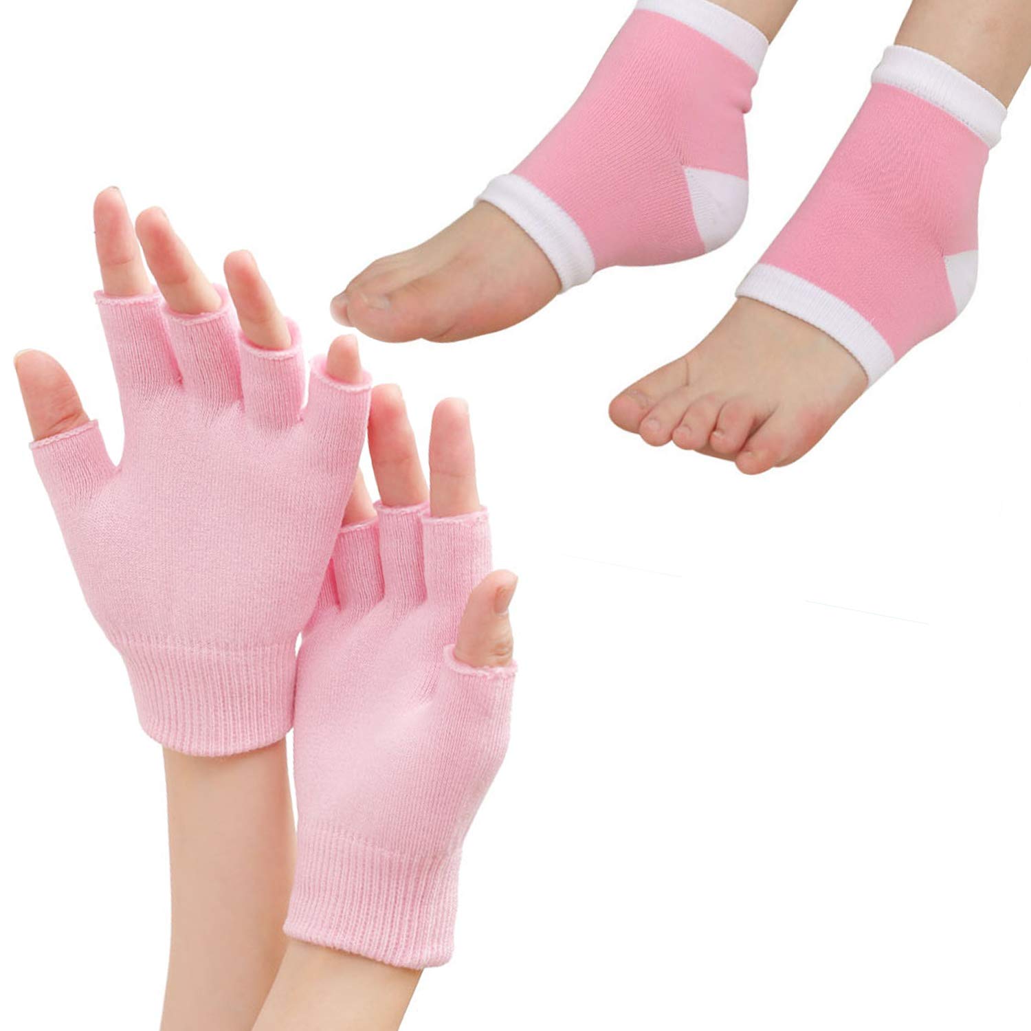Moisturizing Fingerless Gloves and Heel Socks - Cold Therapy Gel Moisturizing Gloves and Heel Socks - Gel Spa for Moisturize Soften Repairing Dry Cracked Hands Feet Skin Care(Pink) : Beauty
