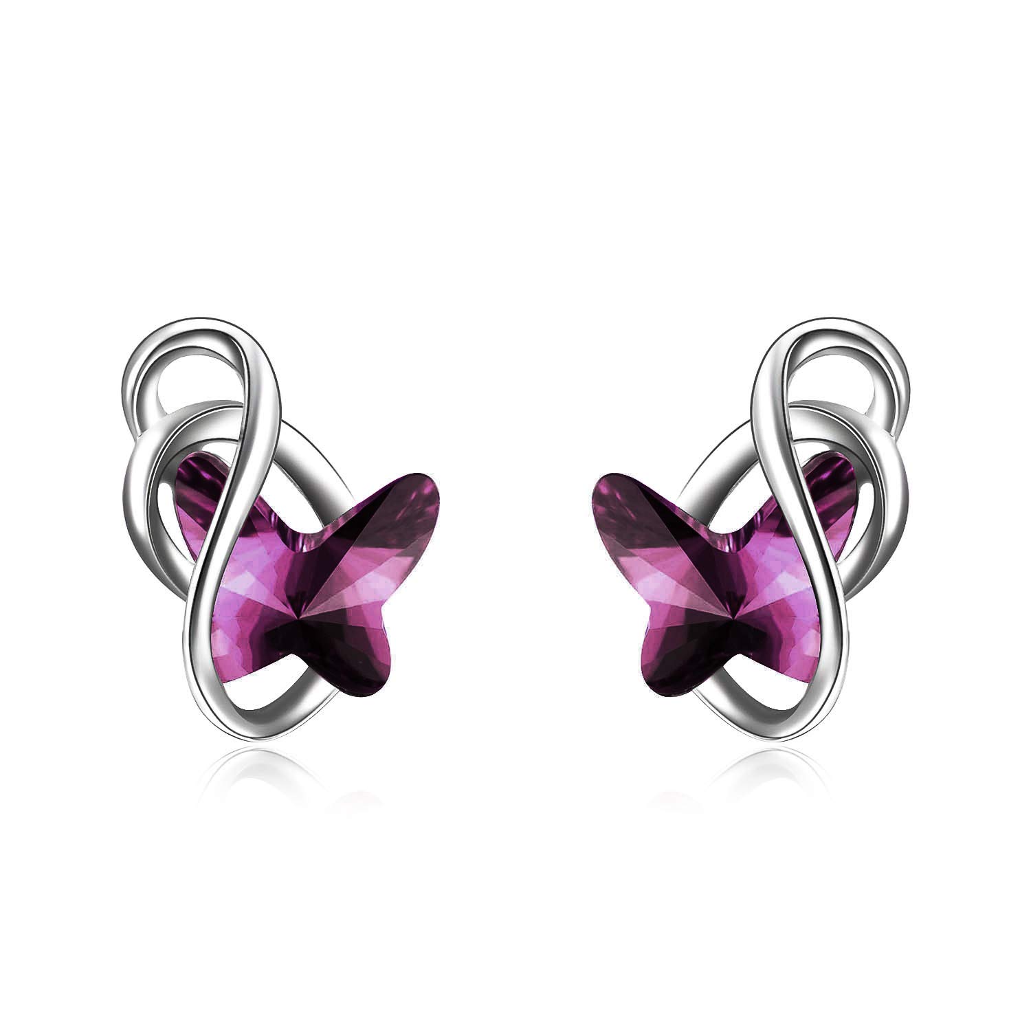 925 Sterling Silver Butterfly Stud Earrings with Crystals, Butterfly Jewellery Gifts for Women Girls (Purple)