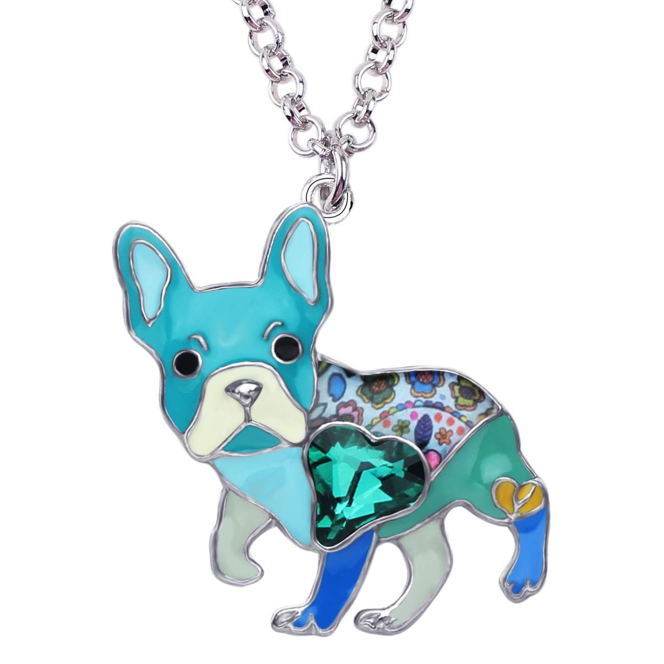 NEWEI Dainty Enamel French Bulldog Necklace Pendant Rhinestone Dog Jewelry for Women Girls Charms (Blue)