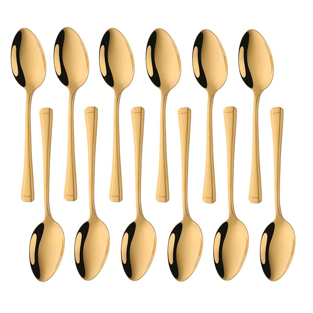 Meisha Dessert Spoons Set of 12, Gold Harley Pattern Stainless Steel Small Spoons, Mirror Finish & Smooth Edge - Everyday Parish Cutlery