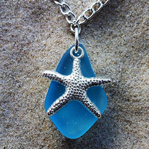 Blue cobalt sea glass ocean amulet talisman necklace for girls and women on a 24" silver color chain with nautical starfish delicate elegant young beach prime handmade seaglass jewelry mascot