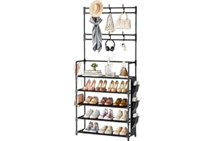 OYREL Shoe Rack 5 Tier Shoe Organizer Storage 15-20 Pairs Shoes Rack for Closet Entrance Shoe Rack Organizer with Hooks and Side Pocket Entryway Shoe Holder Space Saving Free Standing Shoe Racks