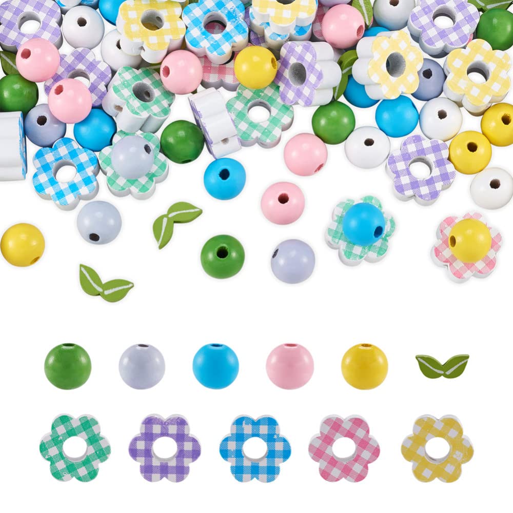Boutigem 190Pcs 16mm Round Wooden Beads Leaf Flower Painted Natural Wooden Beads Bulk Loose Beads for Jewellery Making DIY Bracelet Necklace
