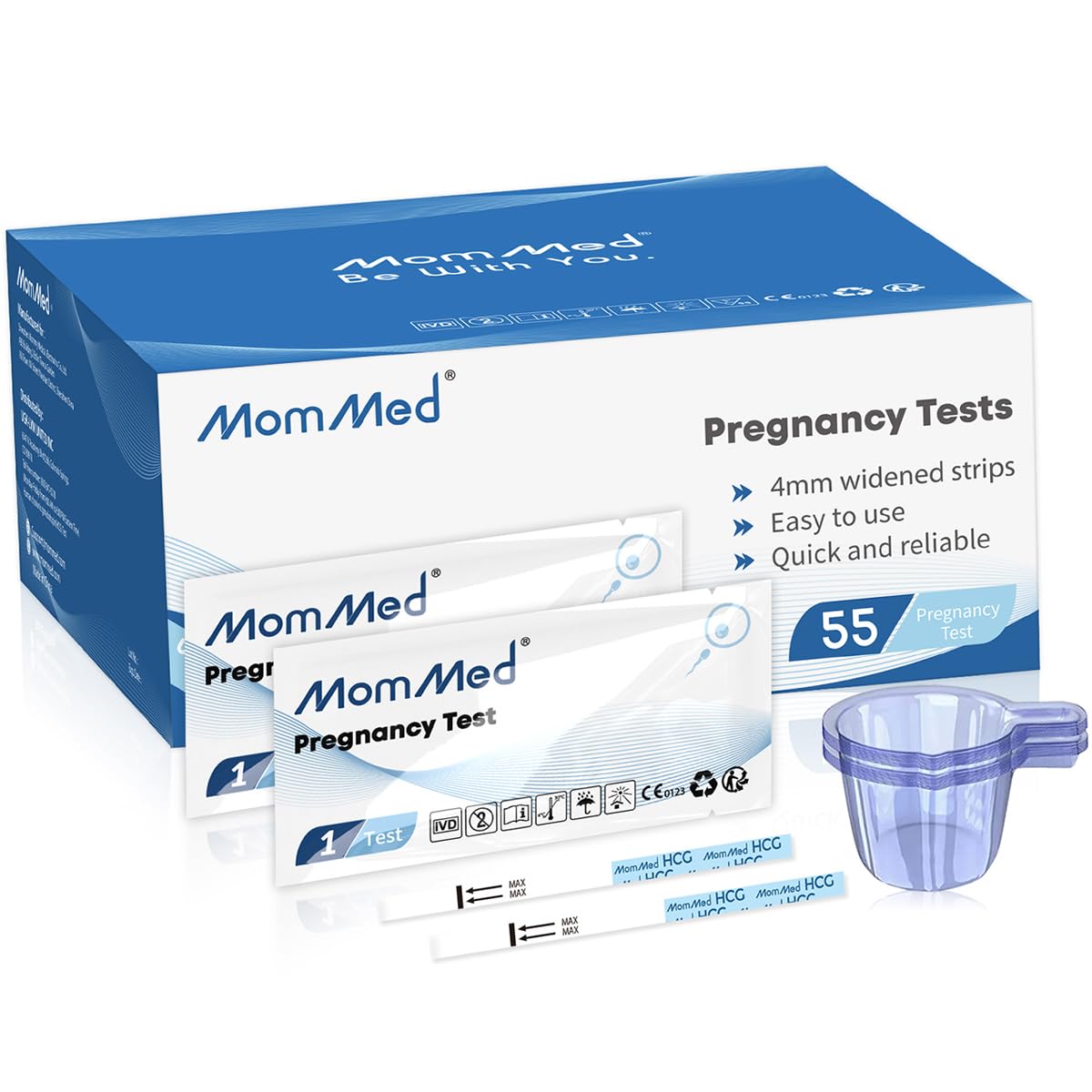 MomMed Pregnancy Test, 55 HCG Pregnancy Test Strips for Early Detection, Over 99% Accurate, 55 Free Urine Cups, Bulk Pregnancy Tests for Home Use, Pruebas de Embarazo