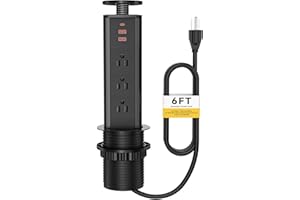 KUNGFUKING Pop Up Outlet for Countertop, Pop Up Socket with 3 AC Outlets and 2 USB-A & 1 PD 20W USB-C Ports, Pull Pop Up Power Outlet for Kitchen Conference Office, 3-3/8 Inch(85MM) Hole Grommet Power Strip