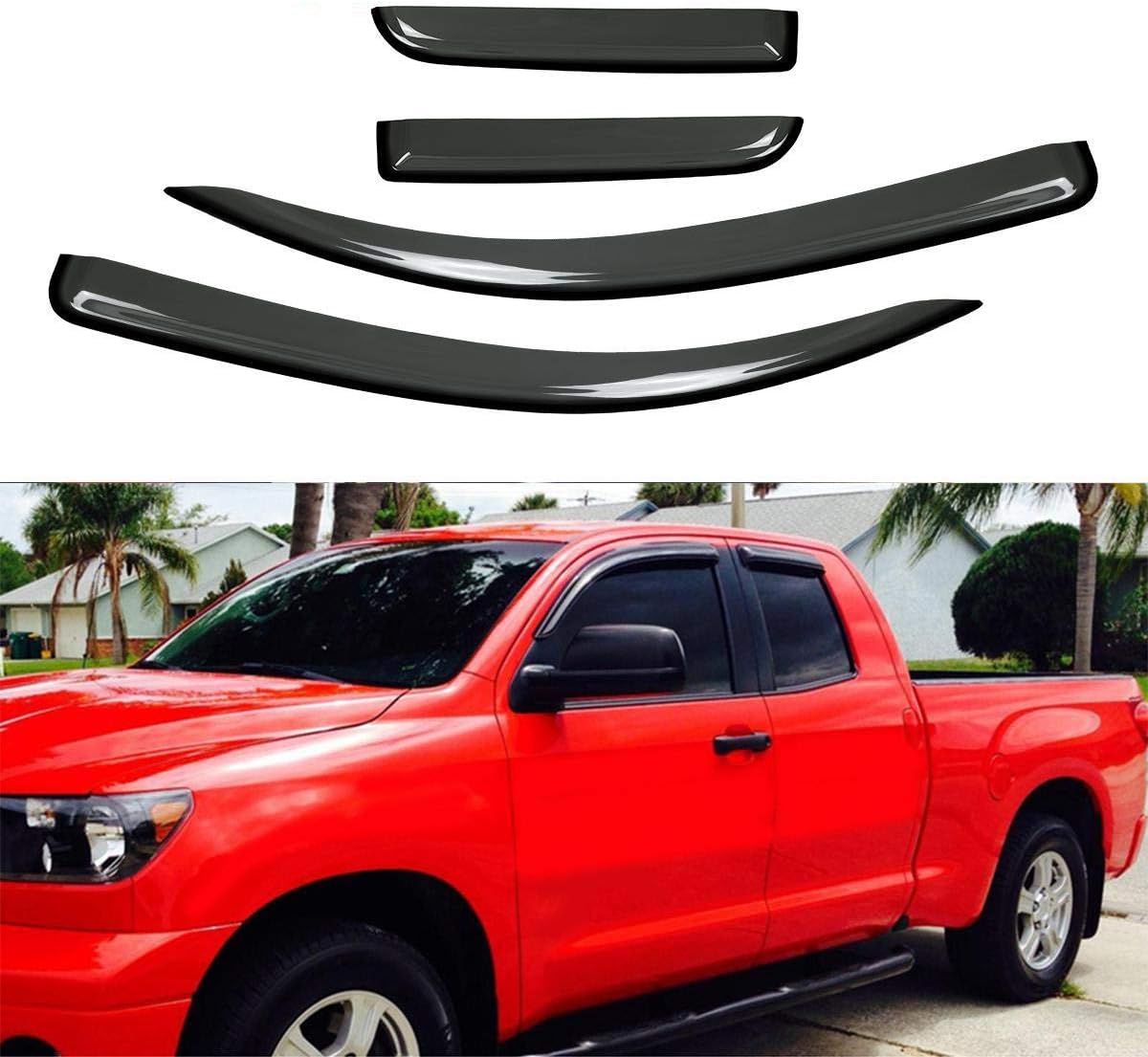 VIOJI 4pcs for 07-16 Tundra Double Crew Cab Smoke Dark Smoke Out-Channel Outside Mount Style Wind Sun Rain Guard Vent Shade Deflector Window Visors