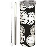 amepay Volleyball Stainless Steel Insulated Tumbler with Lid - 20oz Black White Sport Ball Travel Mug, Reusable Metal Straw & Brush, Double-Wall Vacuum Bottle Cup for Hot Cold Drinks,Gifts