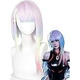 Half and Half Light Pink Purple Mixed Blue Yellow Anime Cosplay Wig 17.7'' Mid-length Rainbow Gradient Costume Wigs Synthetic Hair for Halloween Party Women