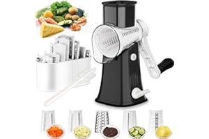 BNUNWISH Rotary Cheese Grater Shredder 5-in-1 Tumbling Box Mandoline Vegetable Julienne Slicer Waffle Cutter Nut Chopper, Black