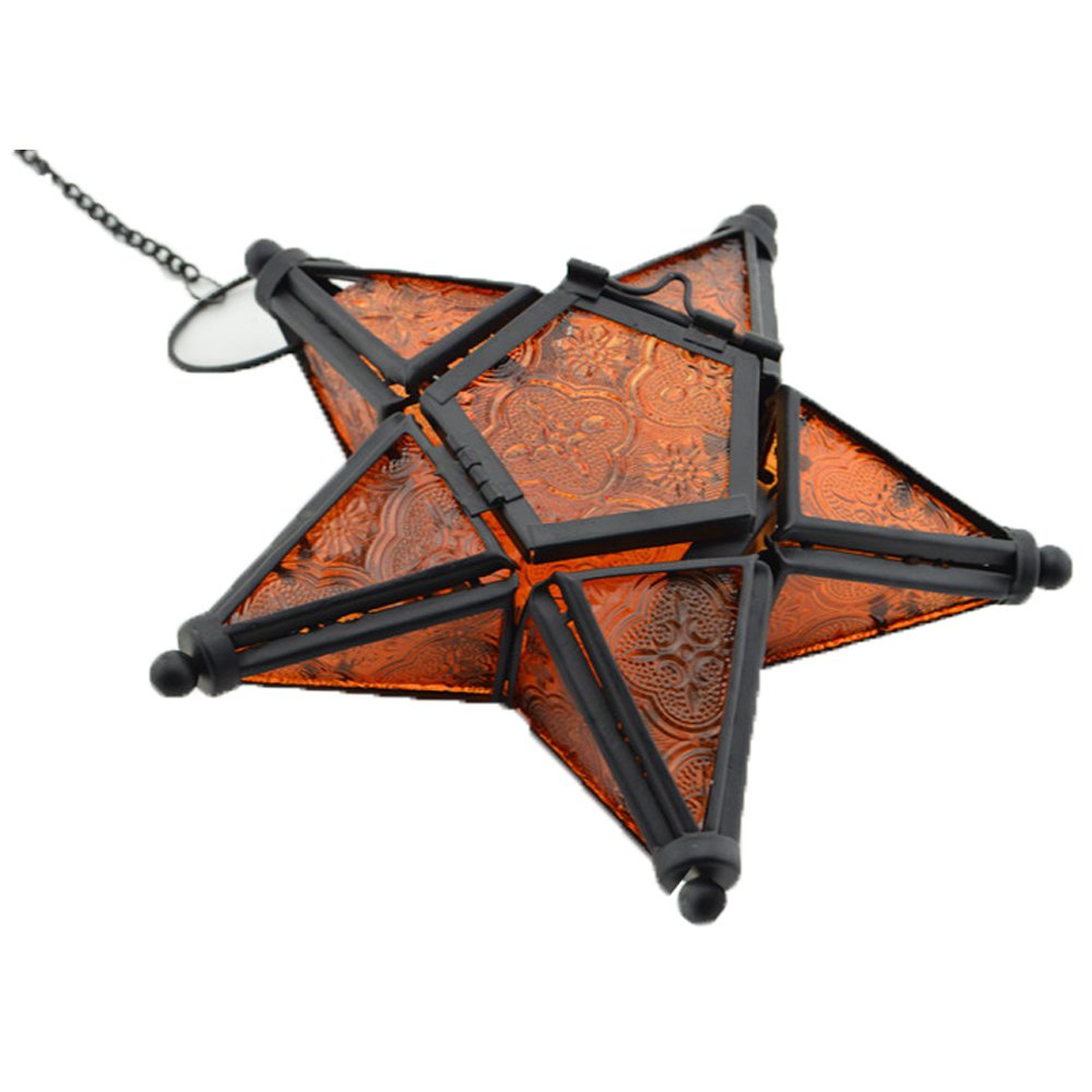 Star Lantern Hanging Glass Star Orange Decoravtive Lantern Candle Holder for Home Patio Garden Decoration Orange