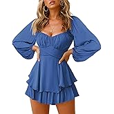 Fixmatti Women off Shoulder Rompers Lantern Long Sleeve Ruffle Tie Mini Shorts Jumpsuit