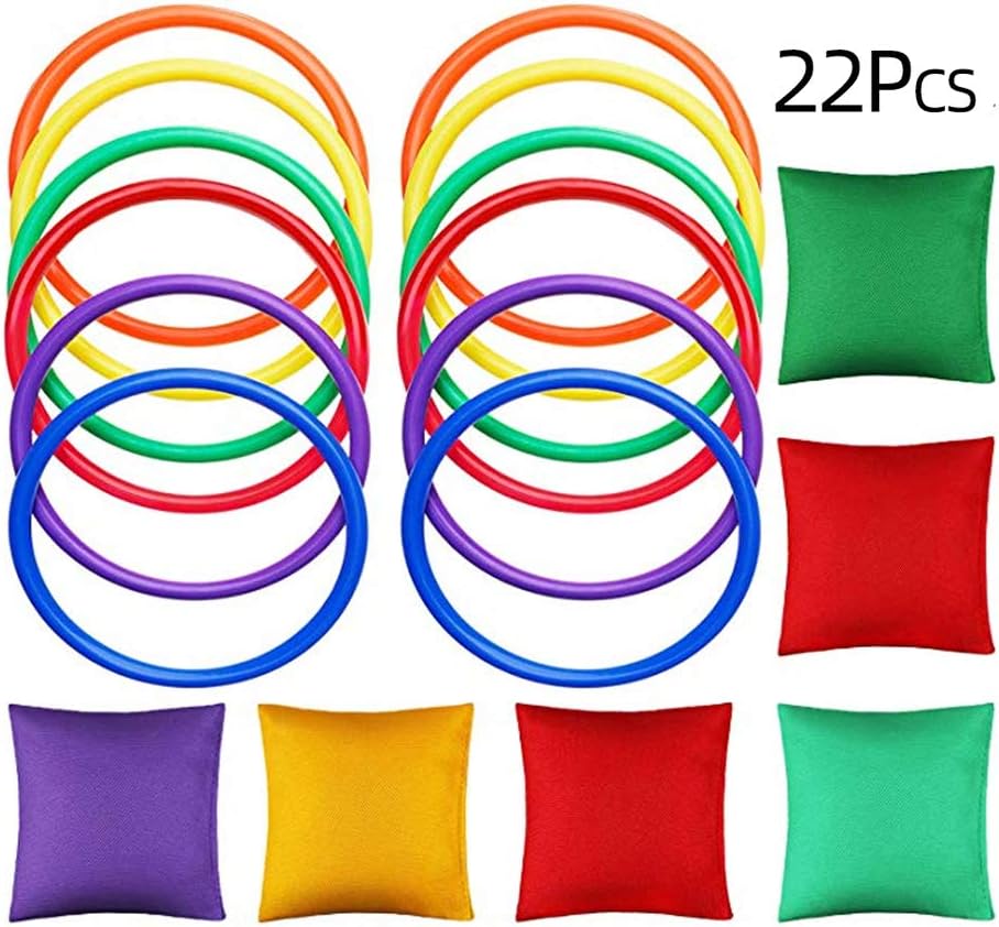 Wenosda 22PCS Bean Bag Ring Beans Bags Rings Toss Game Sets Tossing Toys for Children Adults Outdoor Yard Carnival Party Supplies (5 Colors-12 Rings, 5 Colors-10 Bags)