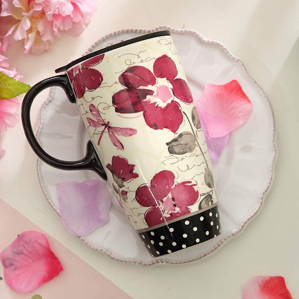 DUSVALLY Floral Ceramic Mug 17oz - Red Flower Design Tall Coffee Cup with Lid, Elegant Porcelain Travel Mug for Tea & Latte
