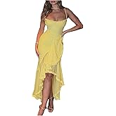 MakeMeChic Women's Mesh Ruched Cami Dress Backless Ruffle High Low Bodycon Swing Party Dresses