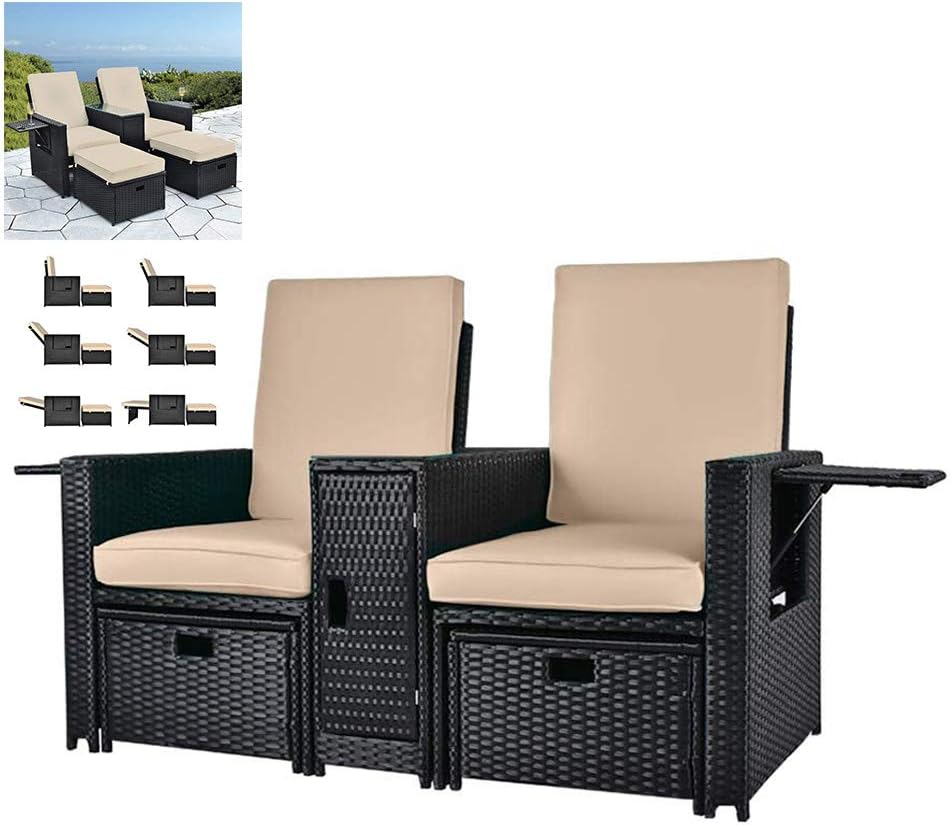 DNNAL Patio de Mimbre Dos plazas, Ajustable de la Silla de salón al