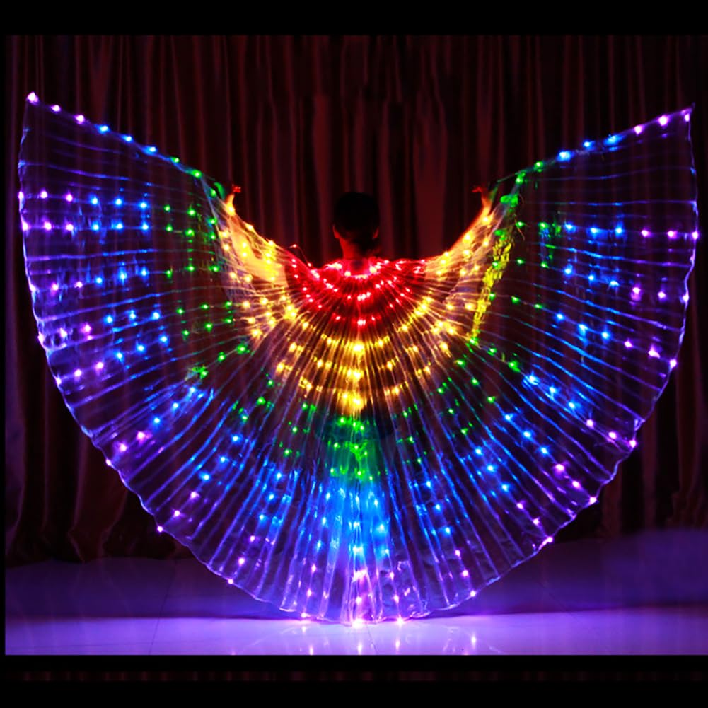 Leemiman Women Belly Dance LED Wings for Adult Belly Dance Costumes for Halloween Christmas Party Wings with Sticks (Rainbow)