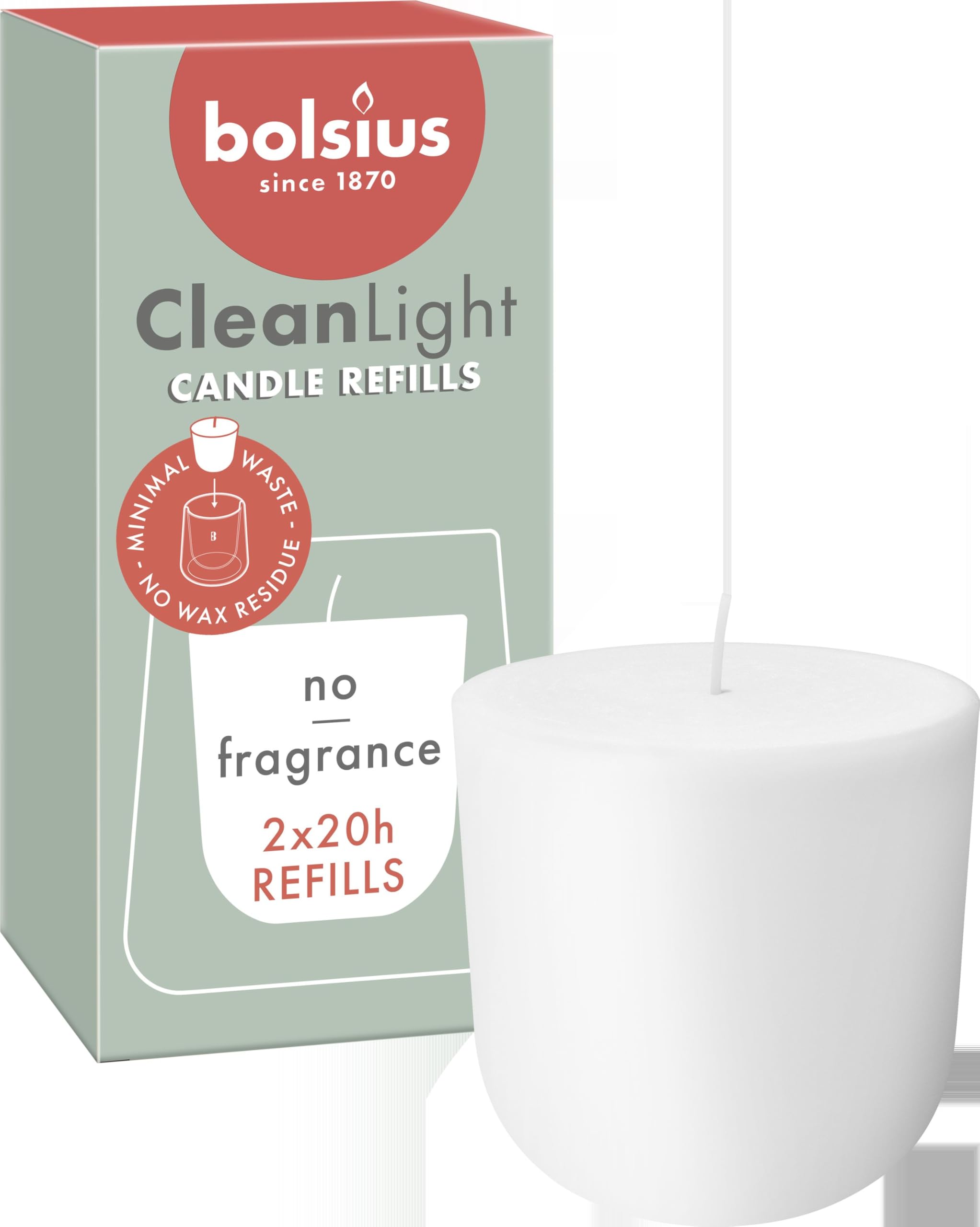 Bolsius – CleanLight Zero Refill – Refillable Unscented Candle – Refills Only – 2 pcs – 20-Hour Burn Time – Contains Natural Plant-Based Wax – Free from Palm Oil